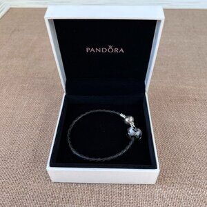 Pandora braided leather charm bracelet with white black glass flower bead